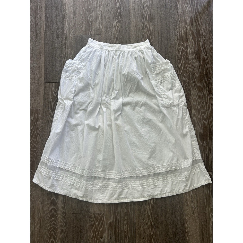 Vintage Michel White Cotton Midi Skirt Side Pockets Coastal Boho Cottagecore 90s
